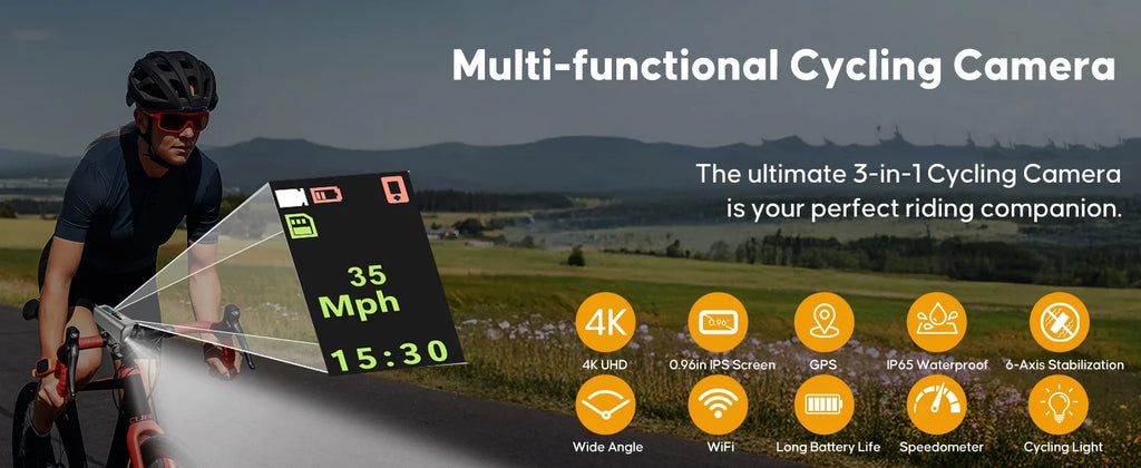 Cámara GPS 4K para bicicleta con faro, ordenador de ciclismo y velocímetro, acción deportiva DV, 64GB, Control por aplicación, resistente al agua IP65
