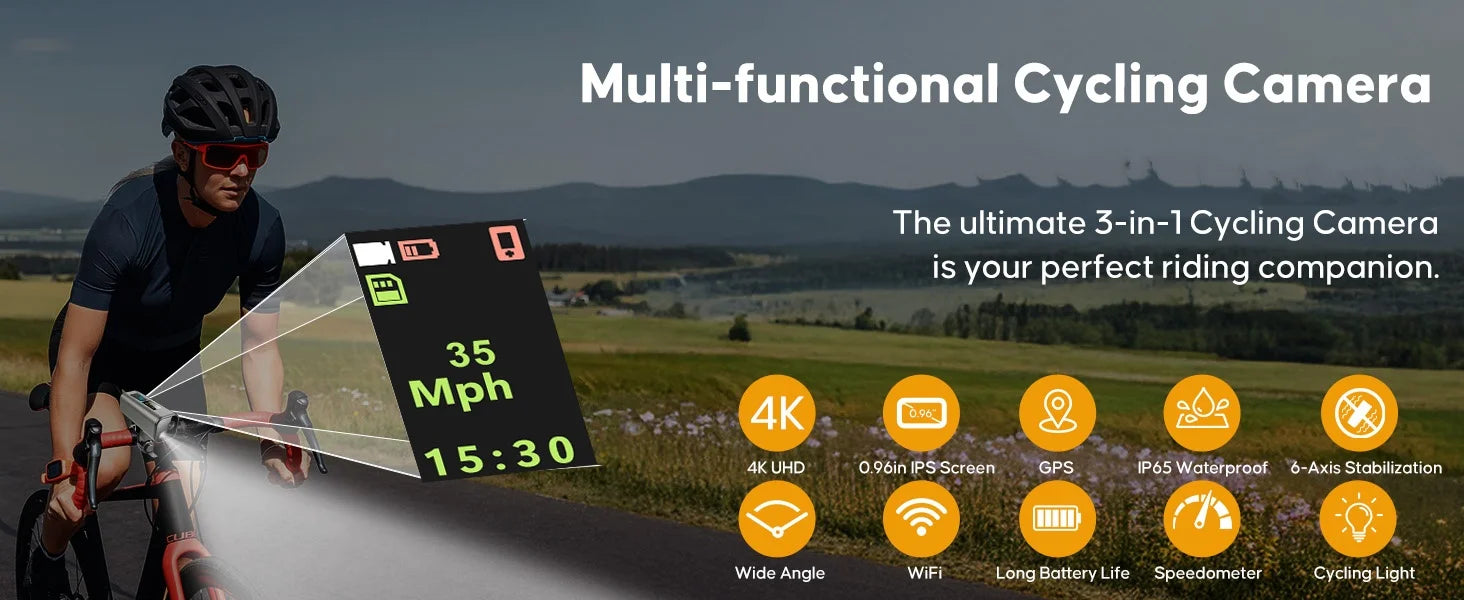Cámara GPS 4K para bicicleta con faro, ordenador de ciclismo y velocímetro, acción deportiva DV, 64GB, Control por aplicación, resistente al agua IP65