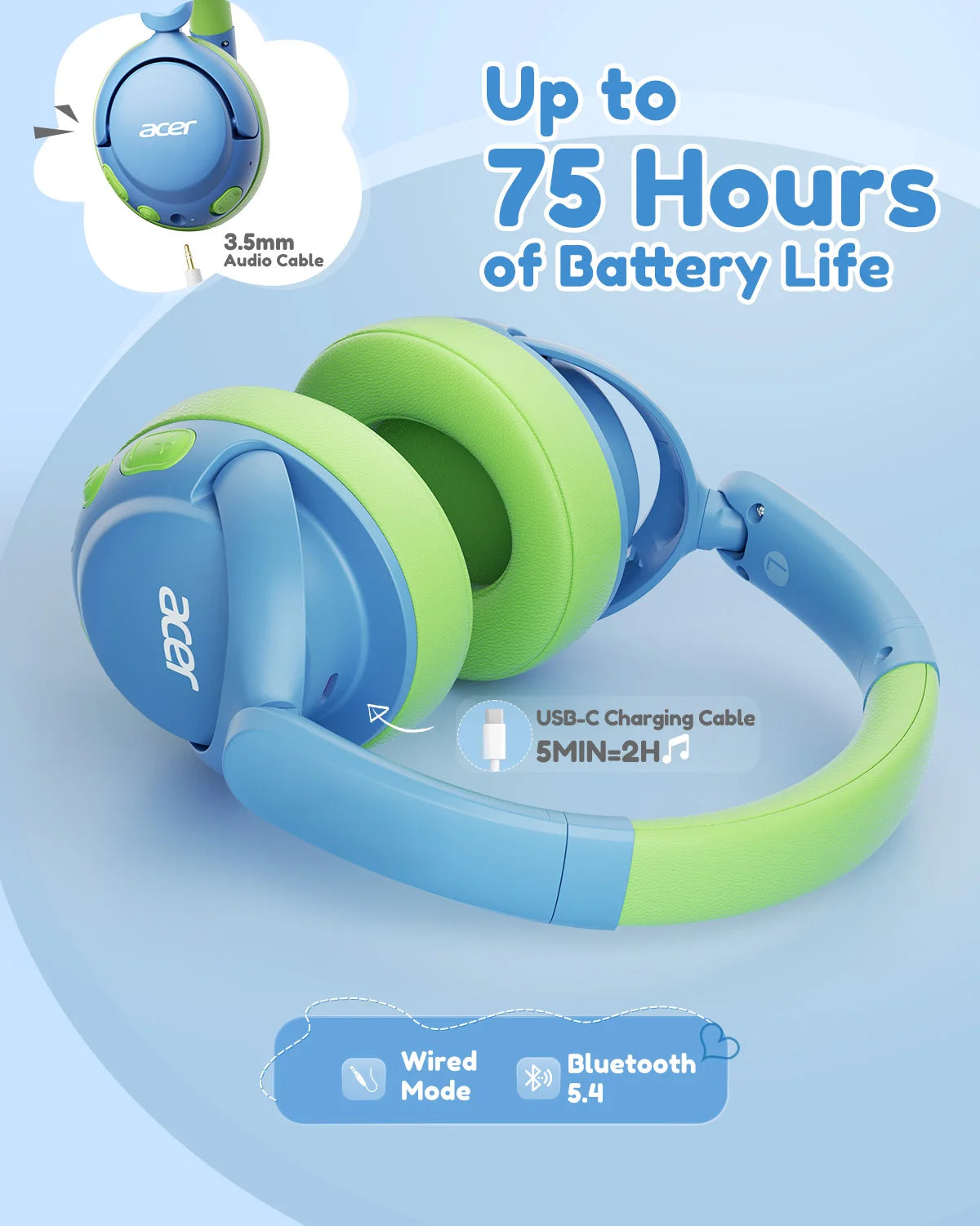 Acer OHR725 Auriculares Infantiles Bluetooth 5.4 85dB