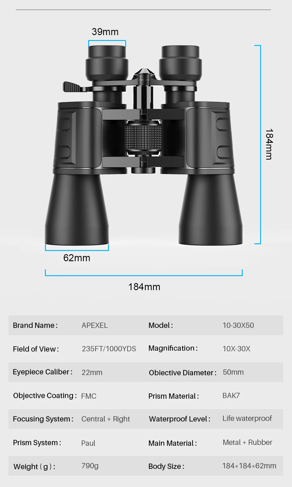 Binoculares APEXEL 10-30x50 Zoom para Caza, Camping y Senderismo
