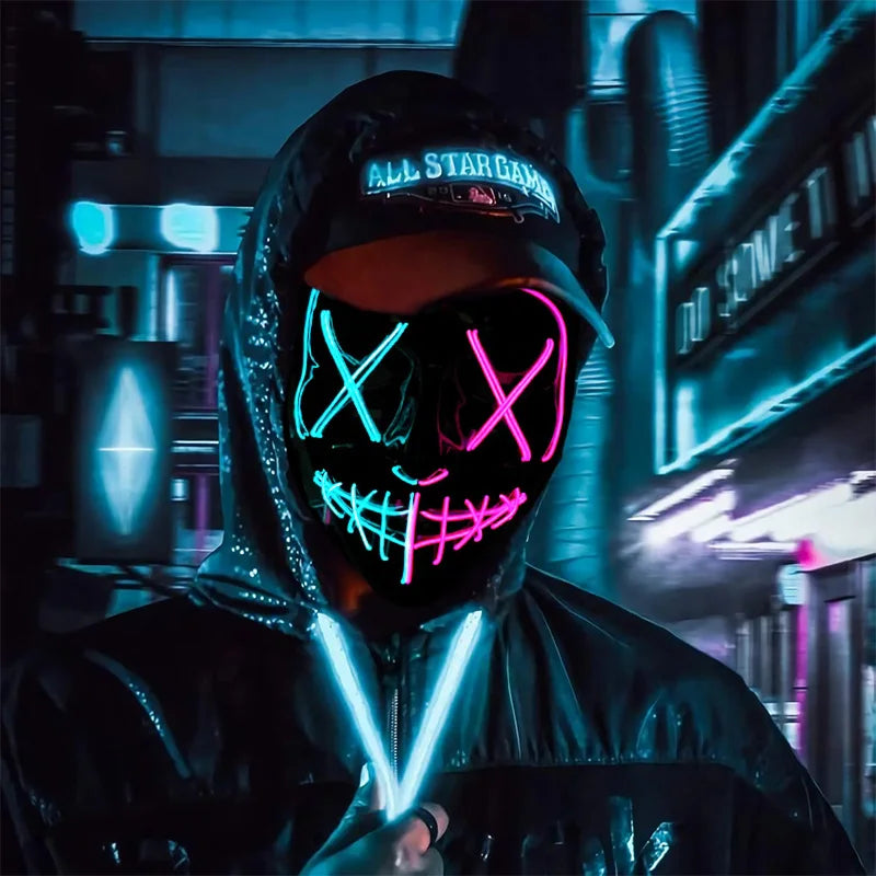 Máscara LED Inalámbrica Brillante para Halloween, Suministros para Fiestas, Máscara de Purge de Neón, Cosplay, Máscaras Faciales Luminosas, Accesorios para Carnaval y Festivales