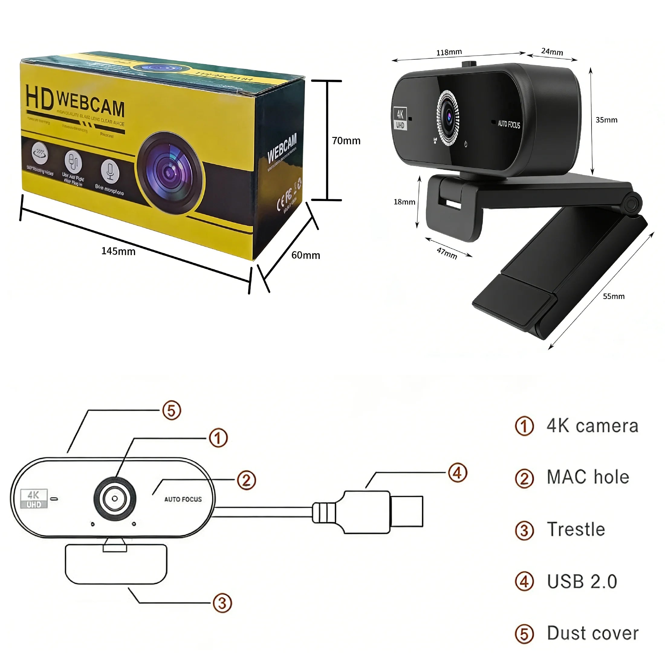 Cámara web 4K UHD 8MP con enfoque automático y cancelación de ruido AI