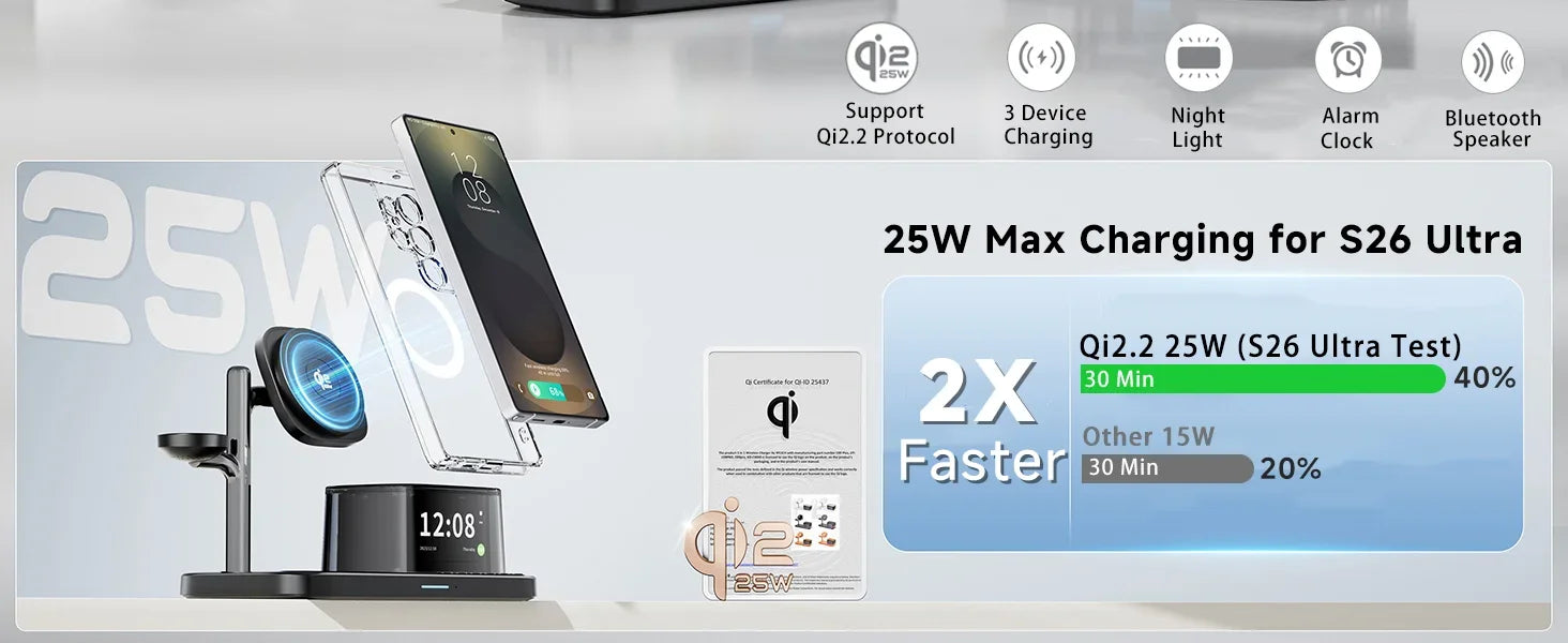 Estación de Carga Inalámbrica Magnética 7 en 1 para iPhone 16~17 Pro Max, Cargador Qi2.2, Altavoz Bluetooth para Apple y Samsung Watch