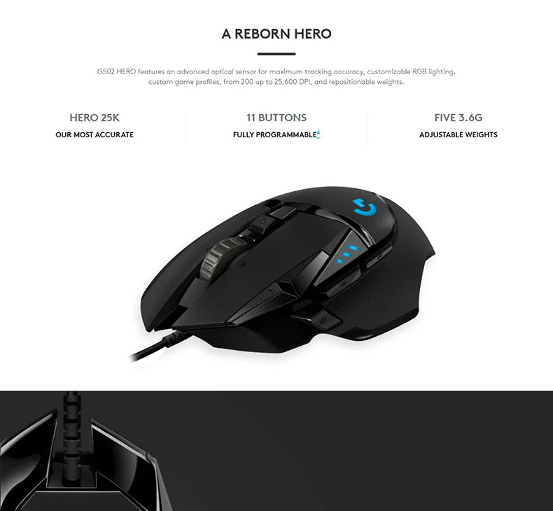 Logitech G502 HERO Ratón para juegos con cable de alto rendimiento, sensor HERO 25K, 25,600 DPI, RGB, pesas ajustables, 11 programables