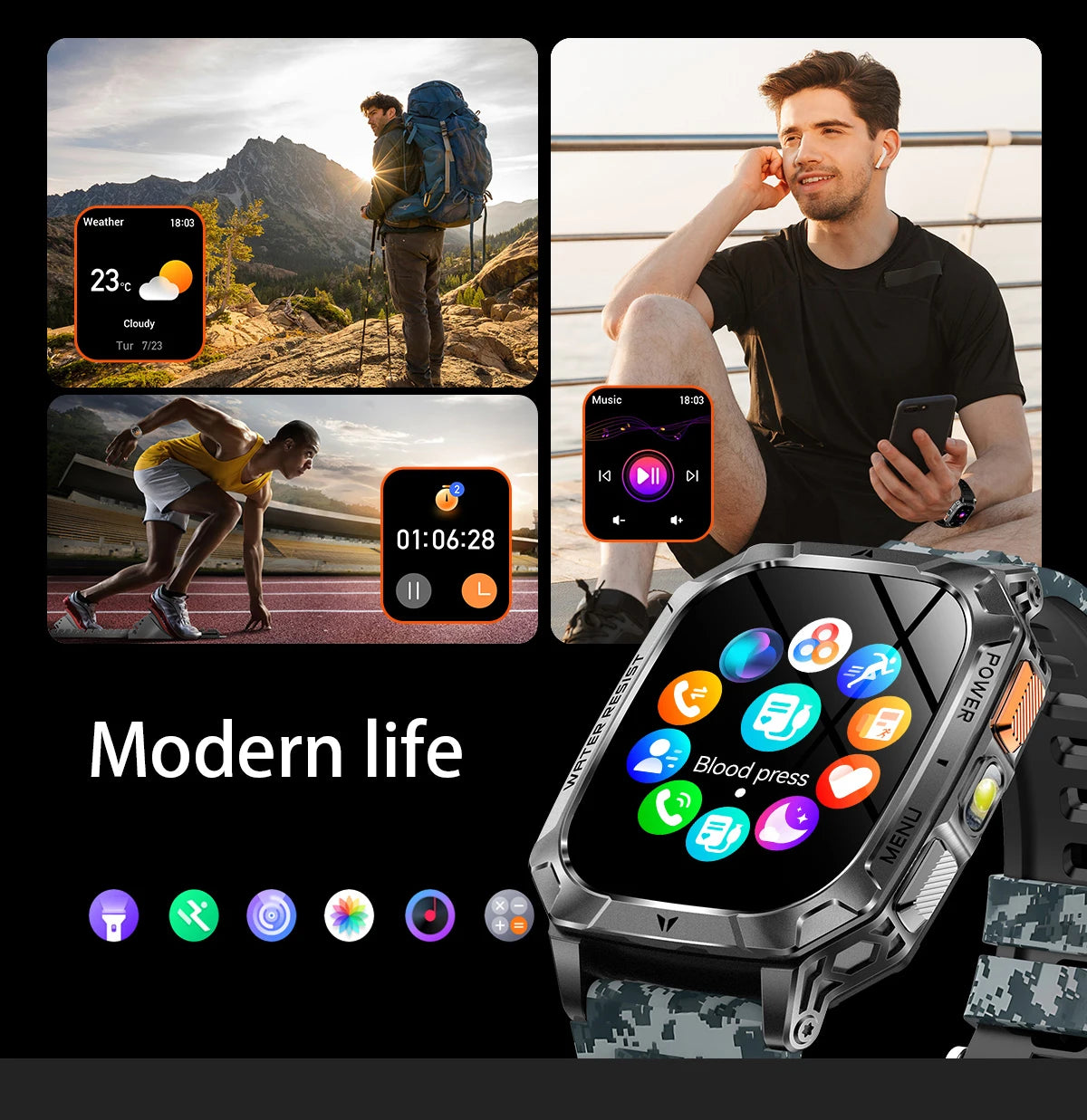Reloj Inteligente LIGE Militar Batería 1400mAh Bluetooth