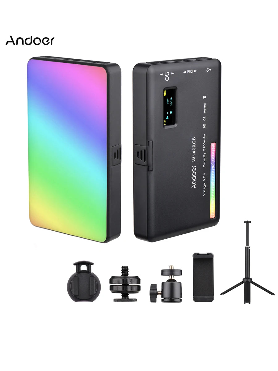 Andoer-Kit de luz LED W140 RGB para vídeo, iluminación de videoconferencia de bolsillo con trípode de escritorio para Vlog, transmisión en vivo, reunión en línea