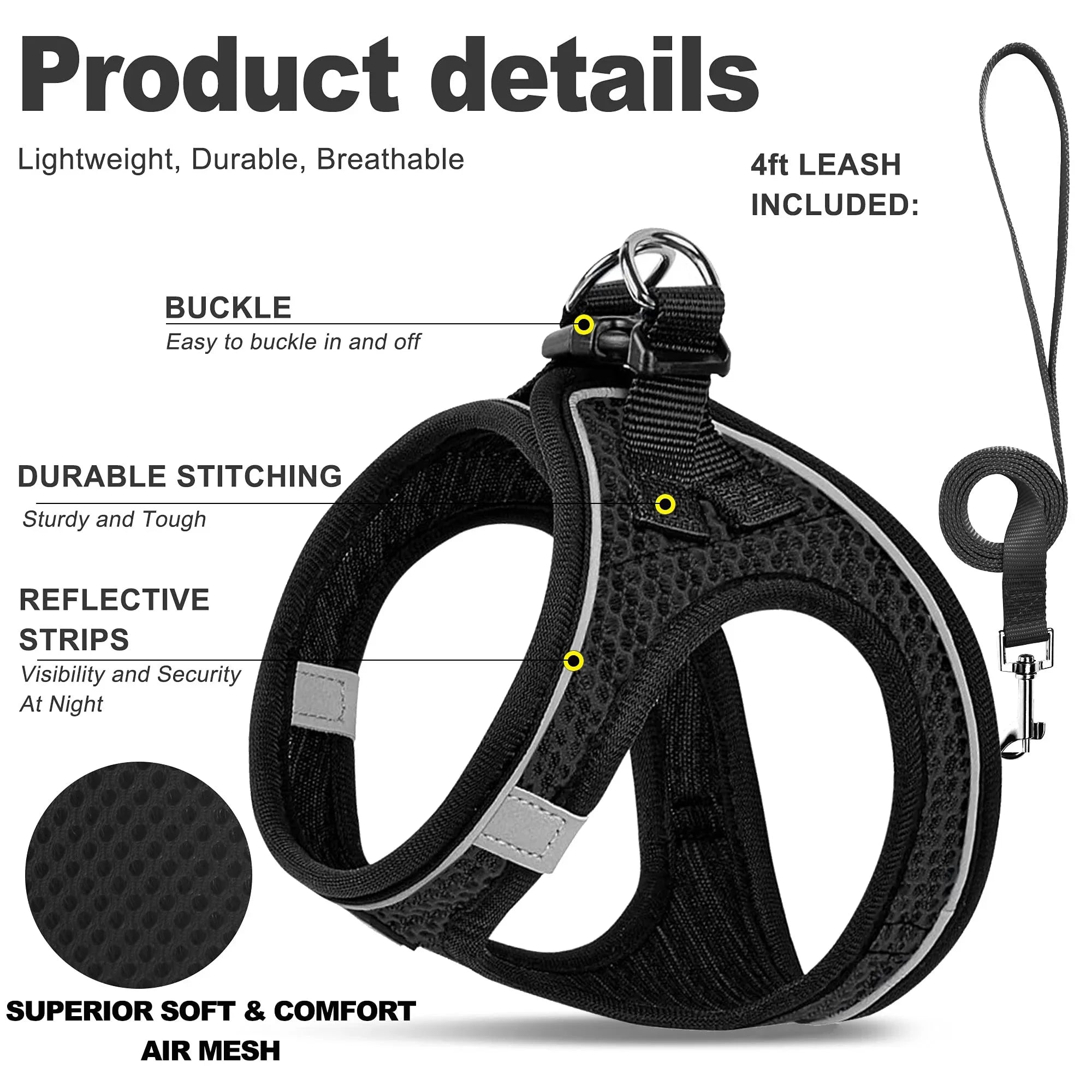 Arnés para perros y gatos con correa de plomo, chaleco ajustable, arneses transpirables de malla de poliéster, sti reflectante para accesorios para perros pequeños y gatos