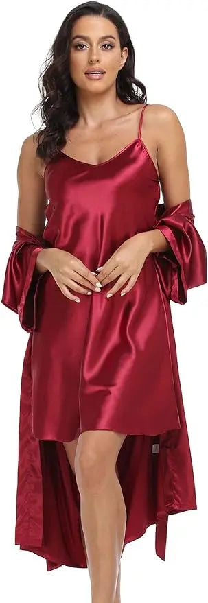 Conjunto de pijamas de seda de lujo para mujer, bata de manga larga, falda holgada cómoda, pijamas para mujer, conjunto de dos piezas