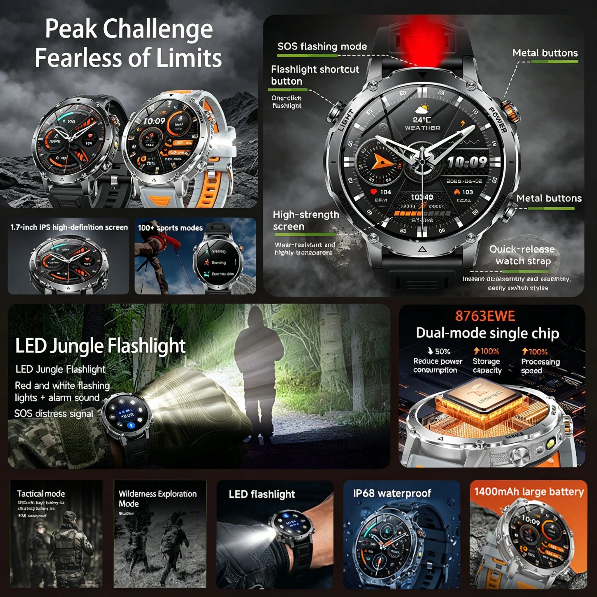 Reloj Inteligente Deportivo Militar 1400mAh Bluetooth
