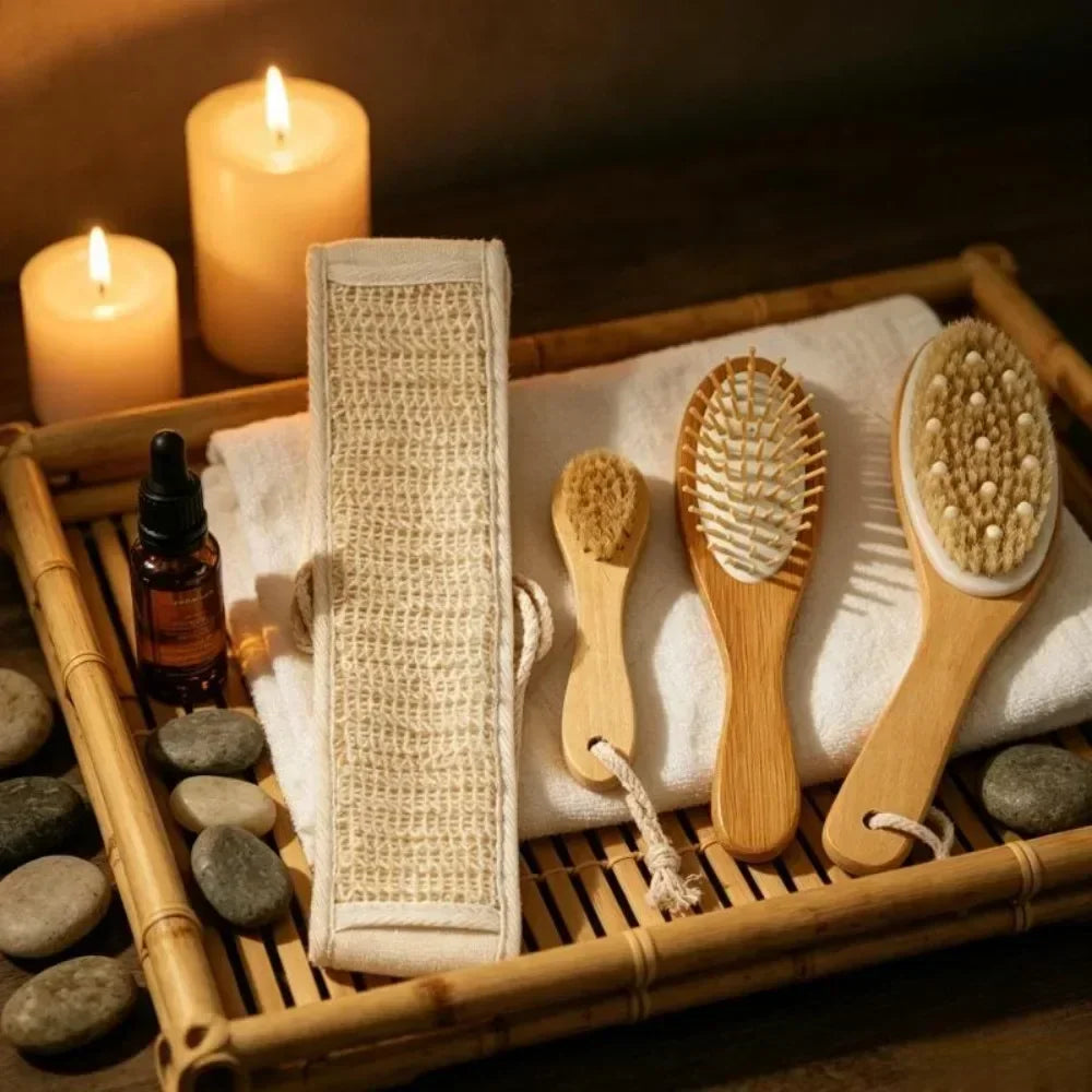Cepillo exfoliante de bambú con mango largo y cerdas de crin de caballo, con correa para espalda, limpieza facial y masaje del cuero cabelludo