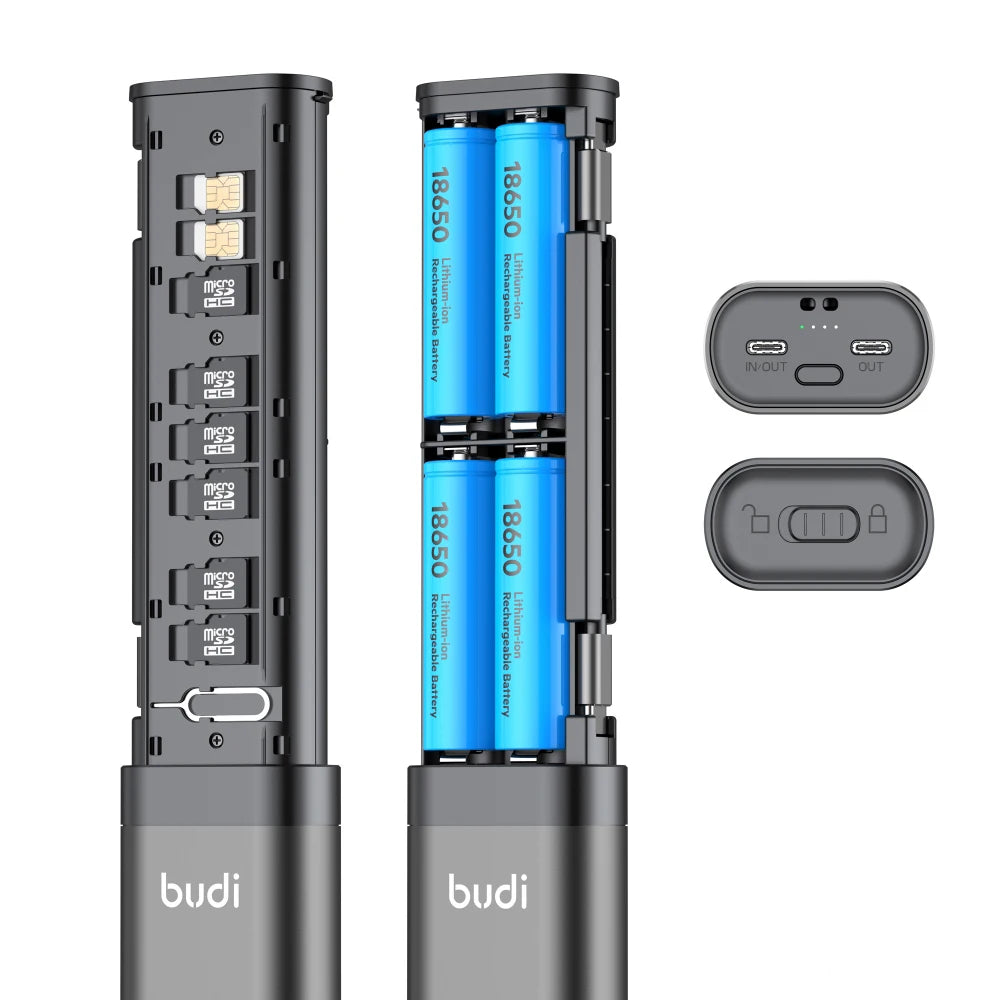 Cargador Rápido de Baterías Budi 18650, Banco de Energía PD de 20W con Herramienta de Extracción de Agujas y Almacenamiento para Tarjetas SIM/TF