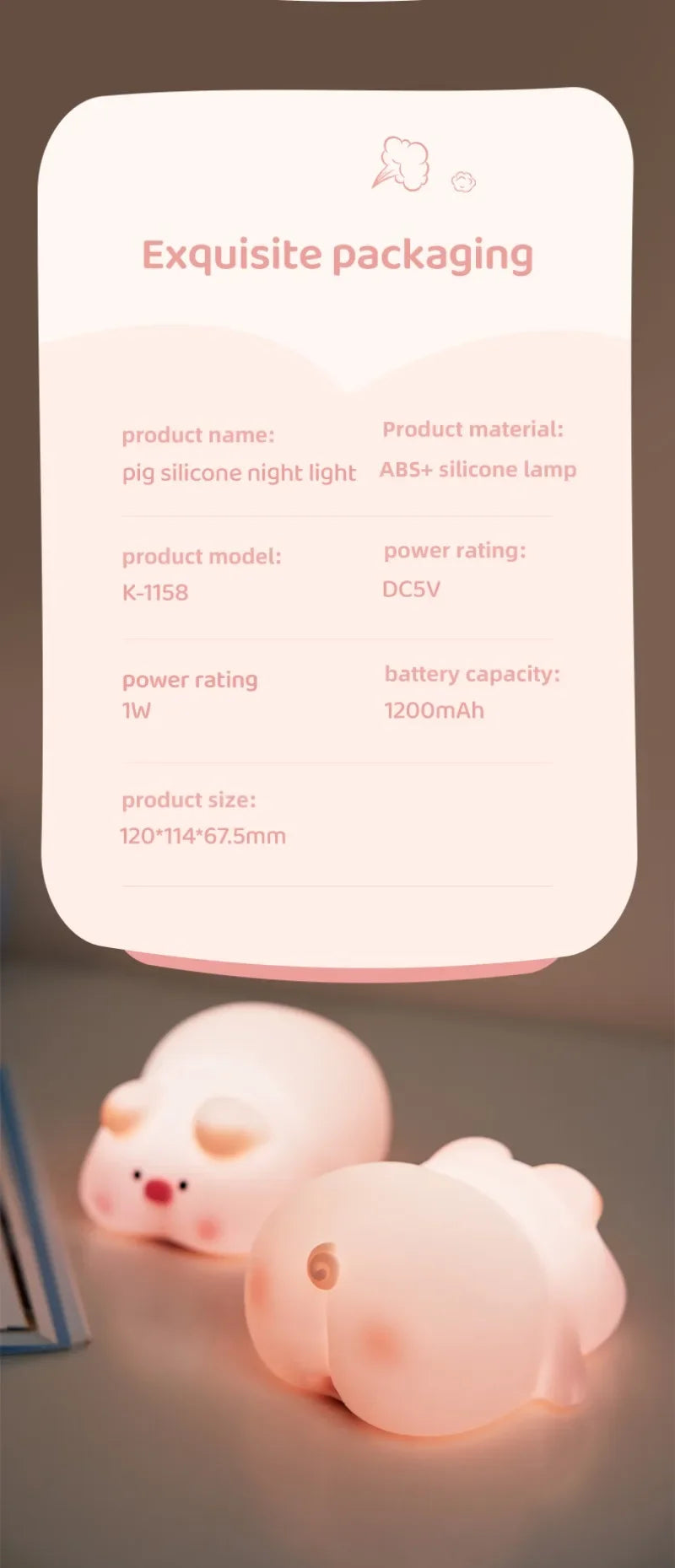 Luz nocturna de cerdito rosa, bonita luz nocturna de silicona, lámpara LED Pat, decoración de habitación, carga USB, lámpara de ambiente interior, regalo para niños