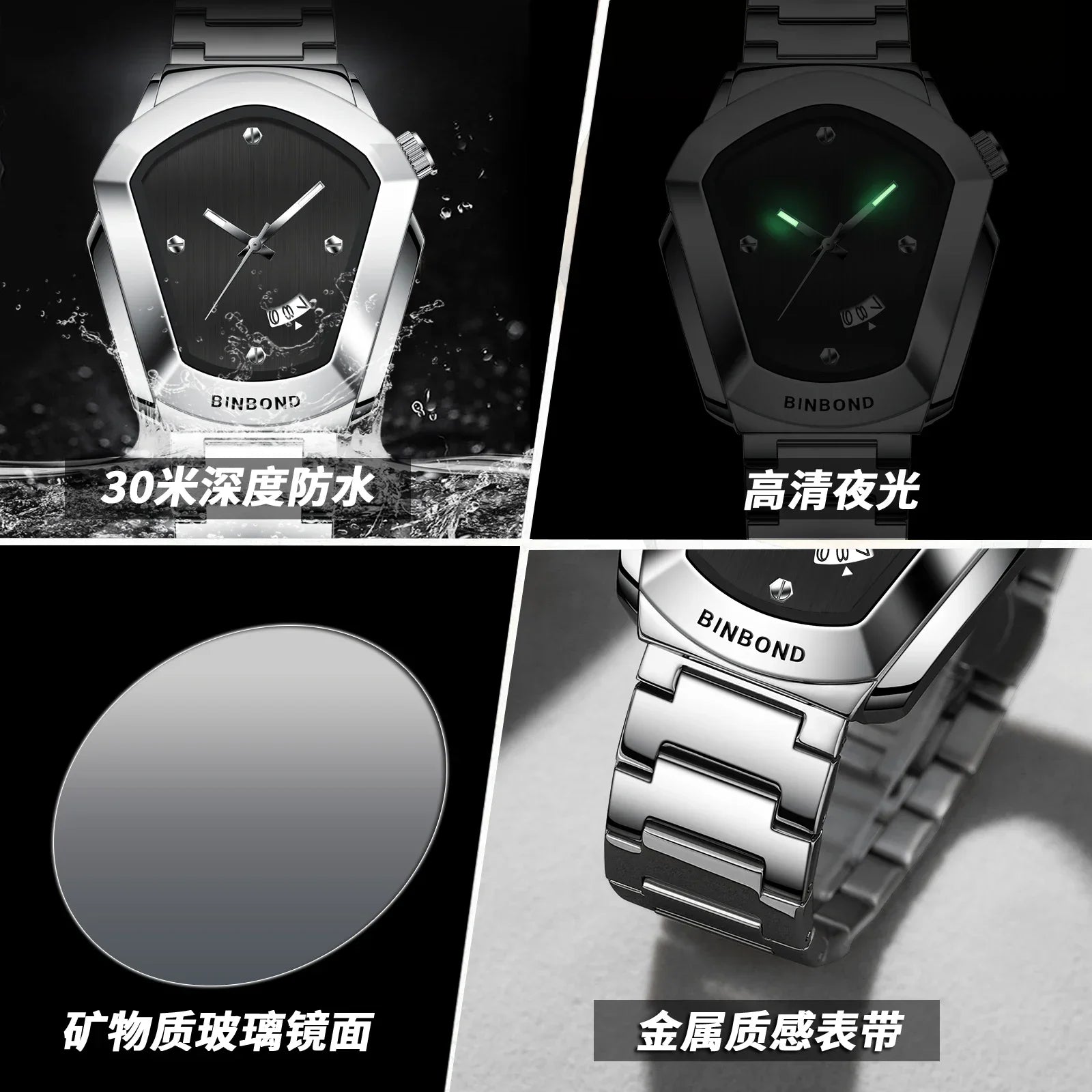 Reloj de Cuarzo BINBOND para Hombre, Lujo, Acero Inoxidable, Calendario