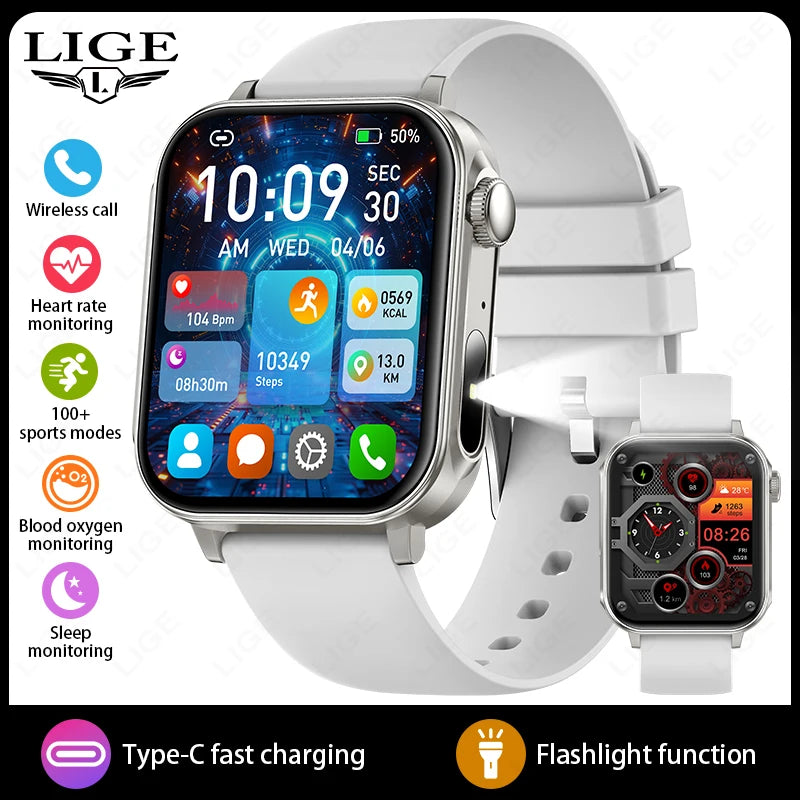 Smartwatch LIGE con llamadas Bluetooth, monitor de salud y carga rápida tipo C