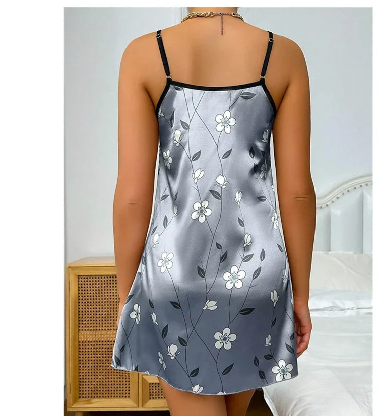 Ropa de dormir para mujer, camisón de satén con estampado Floral de verano, vestido de noche informal sin mangas con espalda descubierta, camisón Sexy, ropa para el hogar