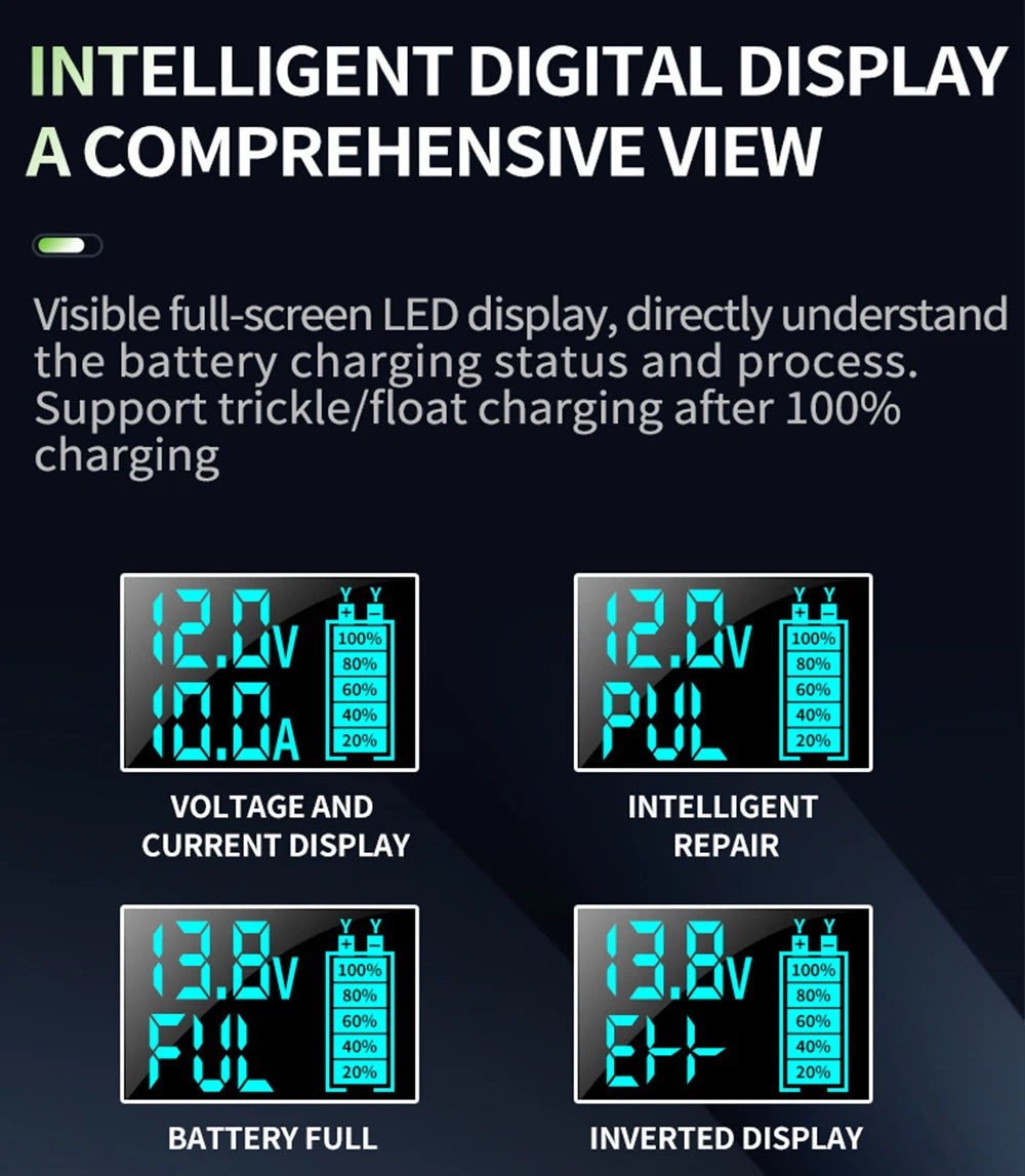 Cargador de batería inteligente 12V 10A con pantalla LCD para autos y motos