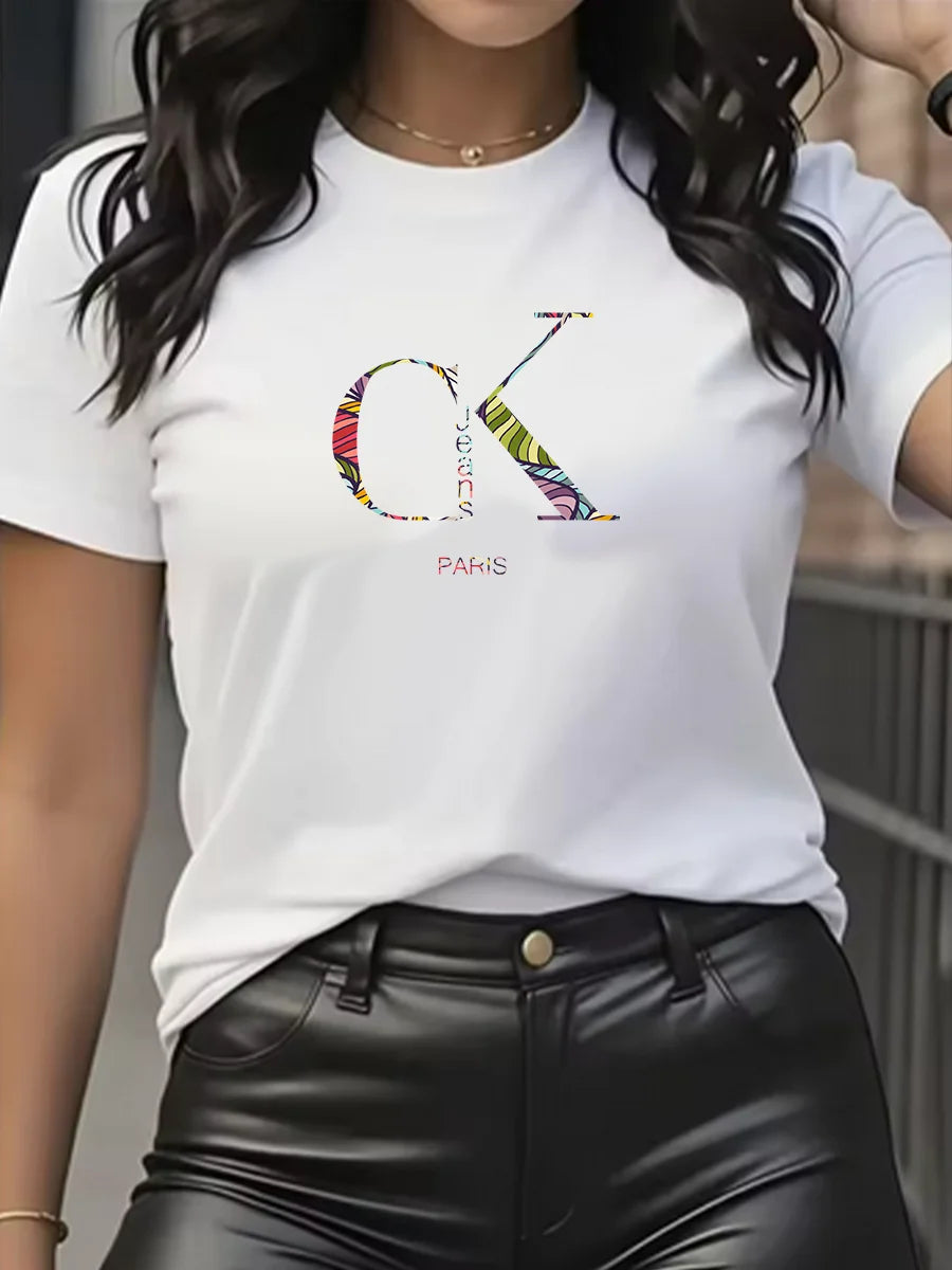 Camiseta con Estampado de Dibujos Animados y Letras Cuello Redondo
