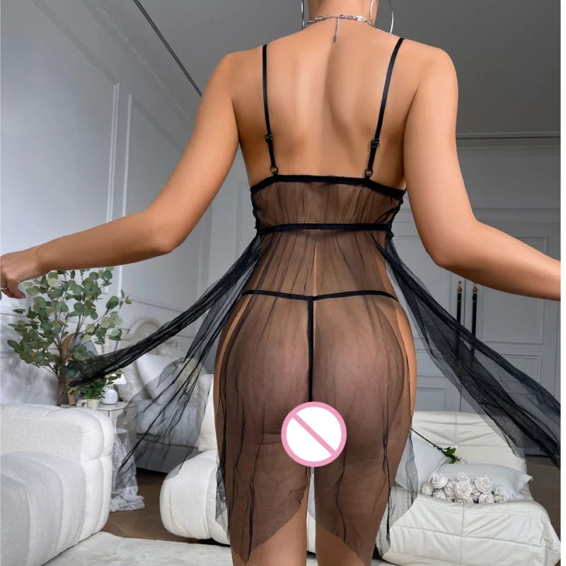 Conjunto Babydoll de Encaje con Lazo y Tirantes, Lencería Sexy