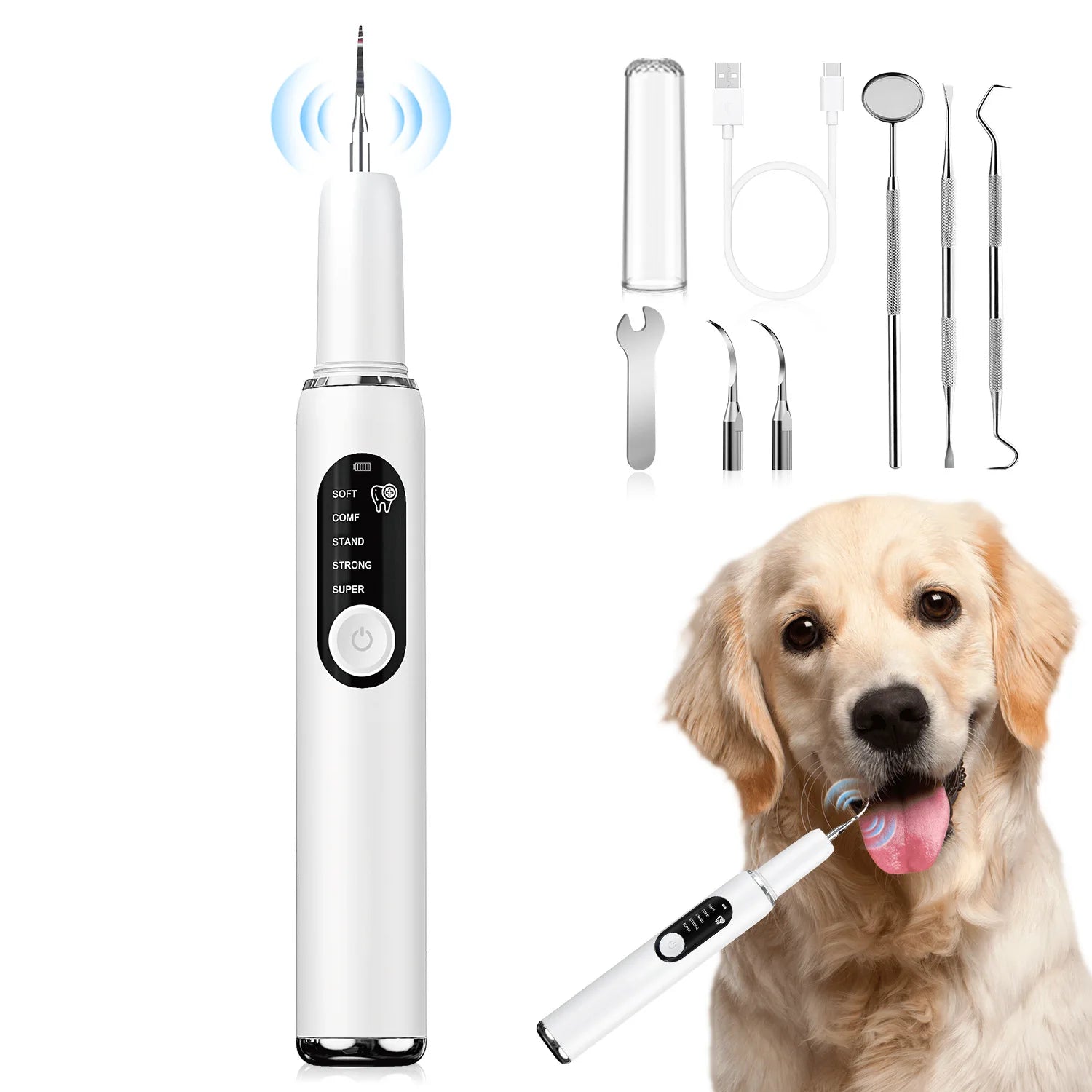 Kit de limpieza de dientes de perro, eliminador ultrasónico de placa canina para dientes con luz LED, 5 modos, carga USB, limpiador de dientes sónico para perros