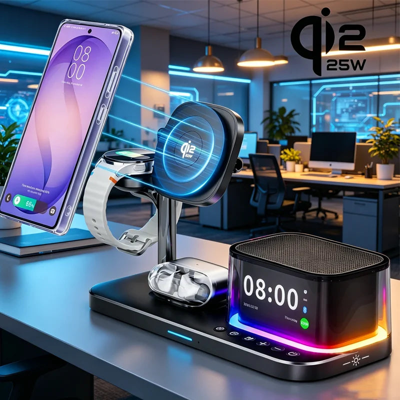 Estación de Carga Inalámbrica Magnética 7 en 1 para iPhone 16~17 Pro Max, Cargador Qi2.2, Altavoz Bluetooth para Apple y Samsung Watch