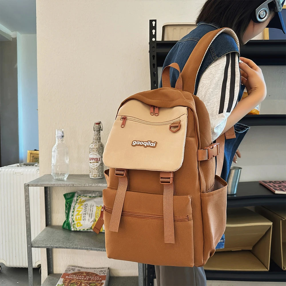 Mochila informal de nailon con bloques de color, mochila escolar de gran capacidad, bolso versátil para uso diario y viajes