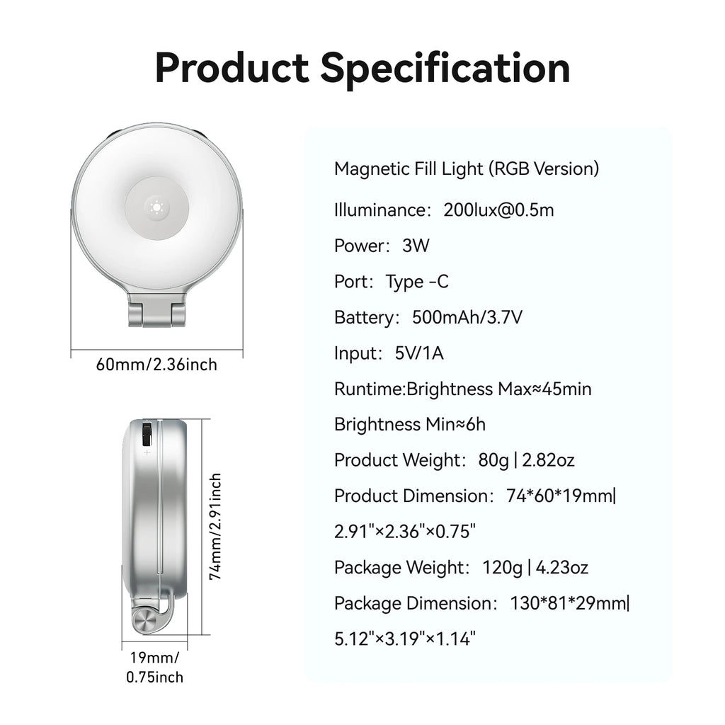 TELESIN Magnético 360 °   Mini Lámpara de Relleno RGB Giratoria, Luz para Selfies con 3 Modos de Color y Brillo Ajustables para Teléfonos Inteligentes iPhone y Android