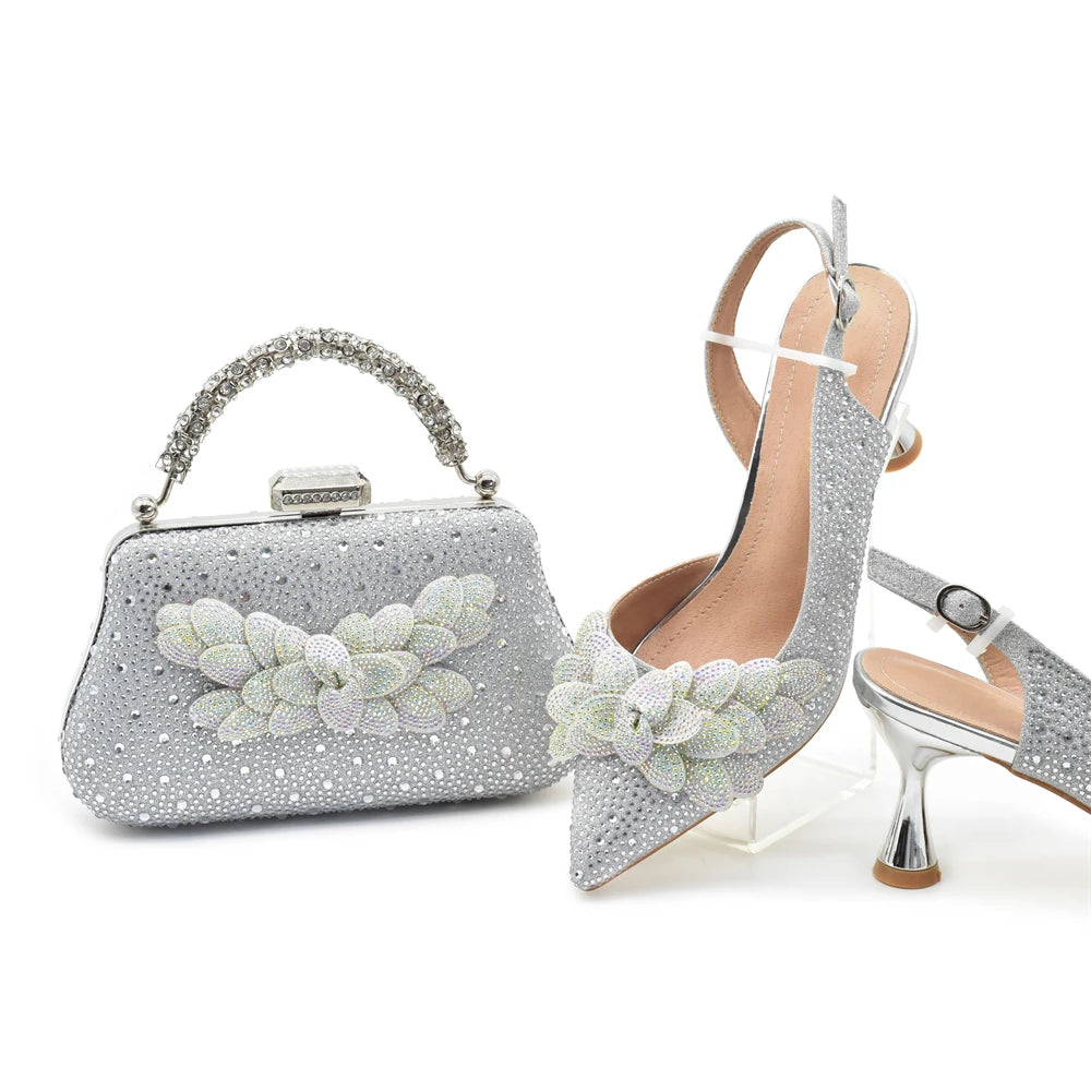 Sandalias con Strass de Tacón Alto para Mujer - Conjunto Zapatos y Bolso