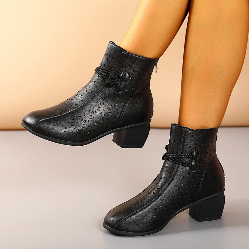 NOVEDAD DE VERANO 2025, botines de tacón medio con suela suave y agujeros a la moda para mujer, zapatos cómodos transpirables Retro