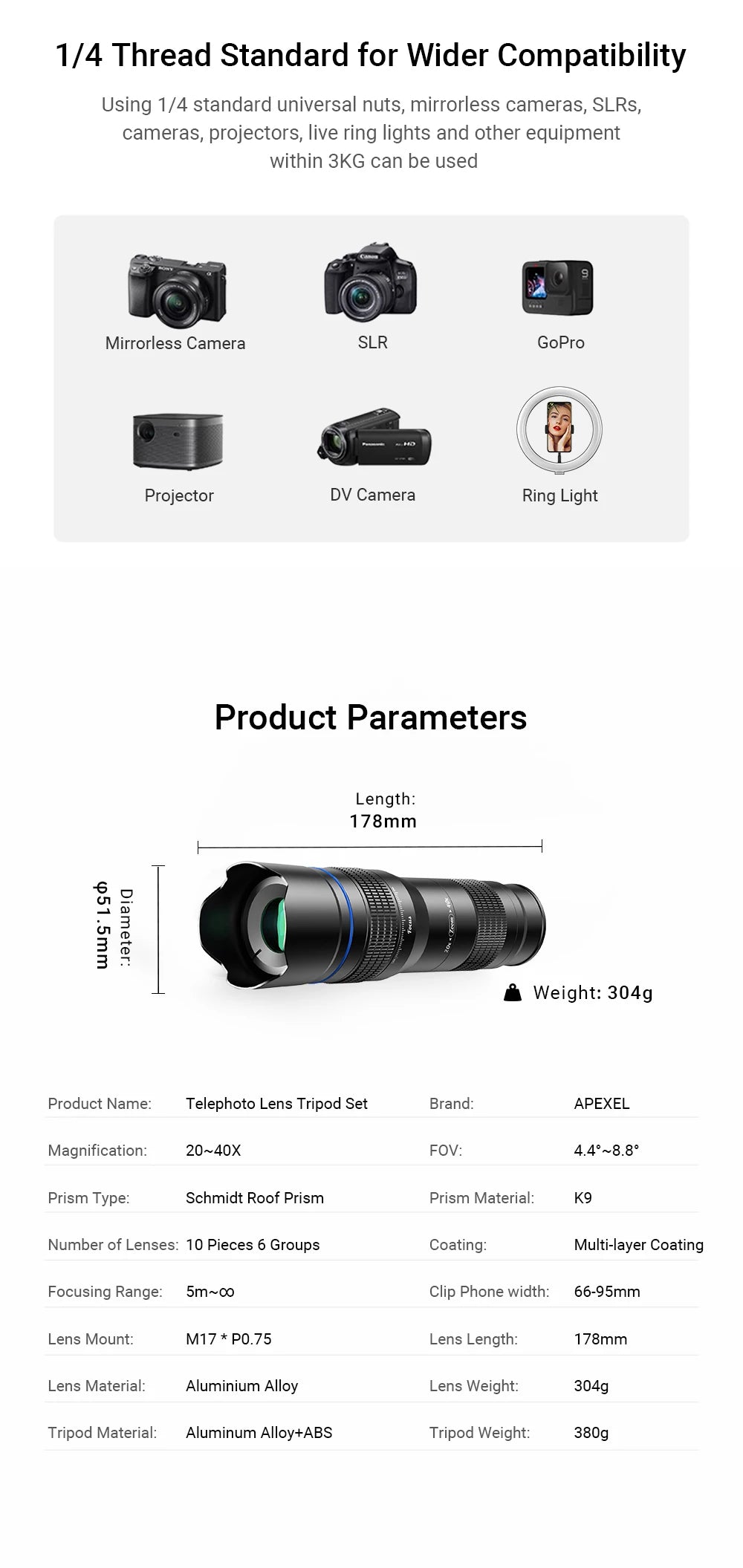 Lente Telescópica Zoom APEXEL 20-40X Metal con Trípode para Smartphones