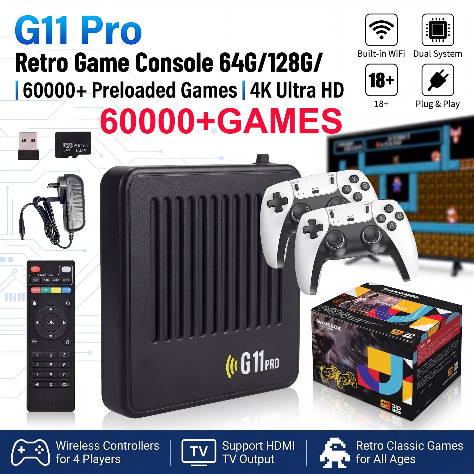 Reproductor multimedia y de juegos portátil G11 PRO 2 en 1 con pantalla 4K HD, chip de rendimiento estable, gran cantidad de juegos clásicos y casuales preinstalados y mandos inalámbricos; ideal para reuniones familiar