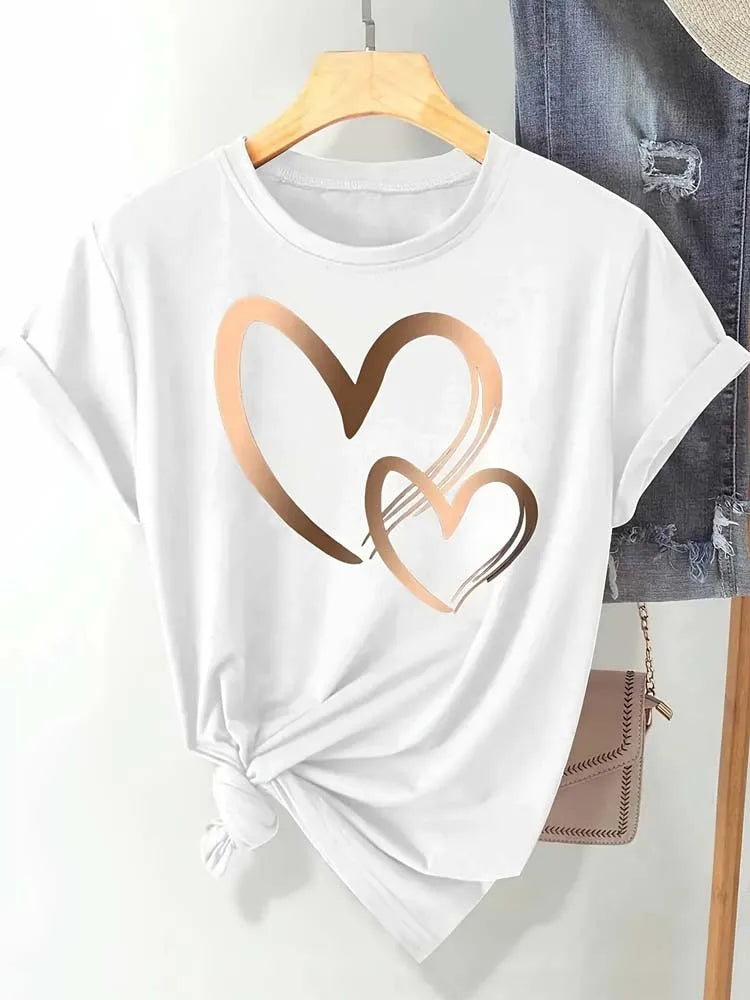 Camiseta con Estampado de Corazón para Mujer, Manga Corta