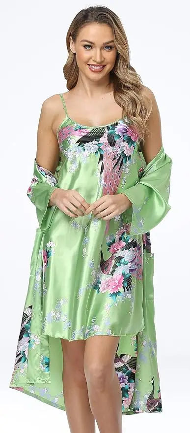 Conjunto de camisón y kimono de satén floral para mujer con camisola, ropa de dormir de 2 piezas, albornoz de pavo real