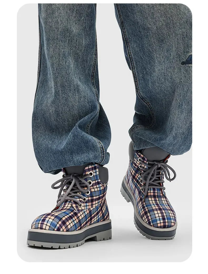 Botas de tobillo a cuadros para hombre con cordones y suela antideslizante