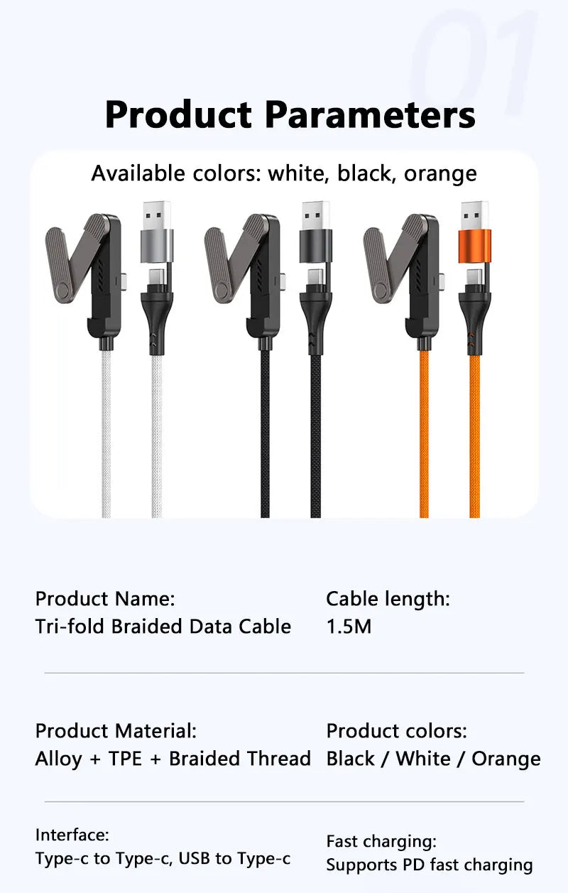 Cable de Carga Retráctil 3 en 1 de 65W con Soporte Plegable
