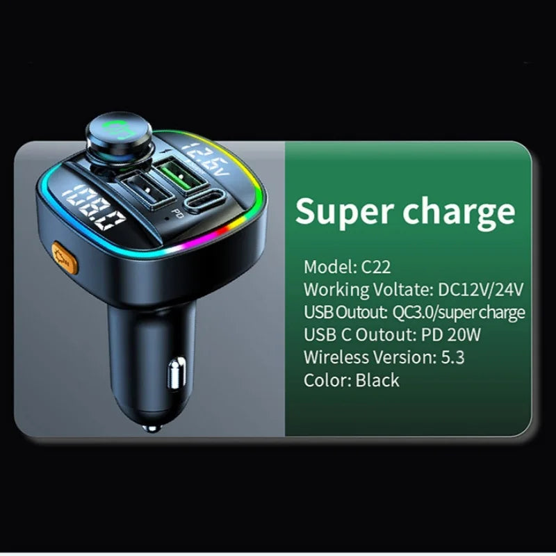 Transmisor FM Bluetooth 5.3 para Auto con Carga Rápida USB 22.5W
