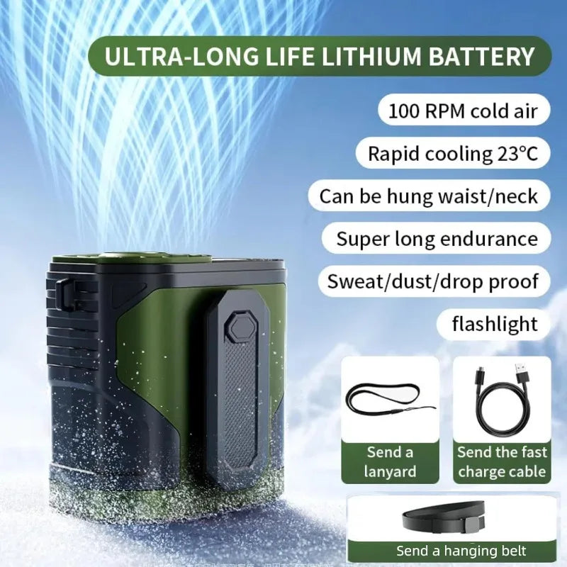Ventilador con clip para cintura y linterna LED