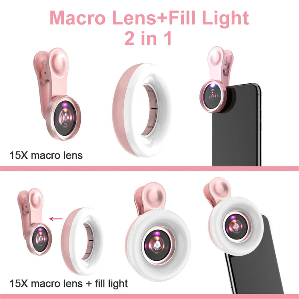 Lente Macro 15X para Teléfono con Anillo LED de Relleno