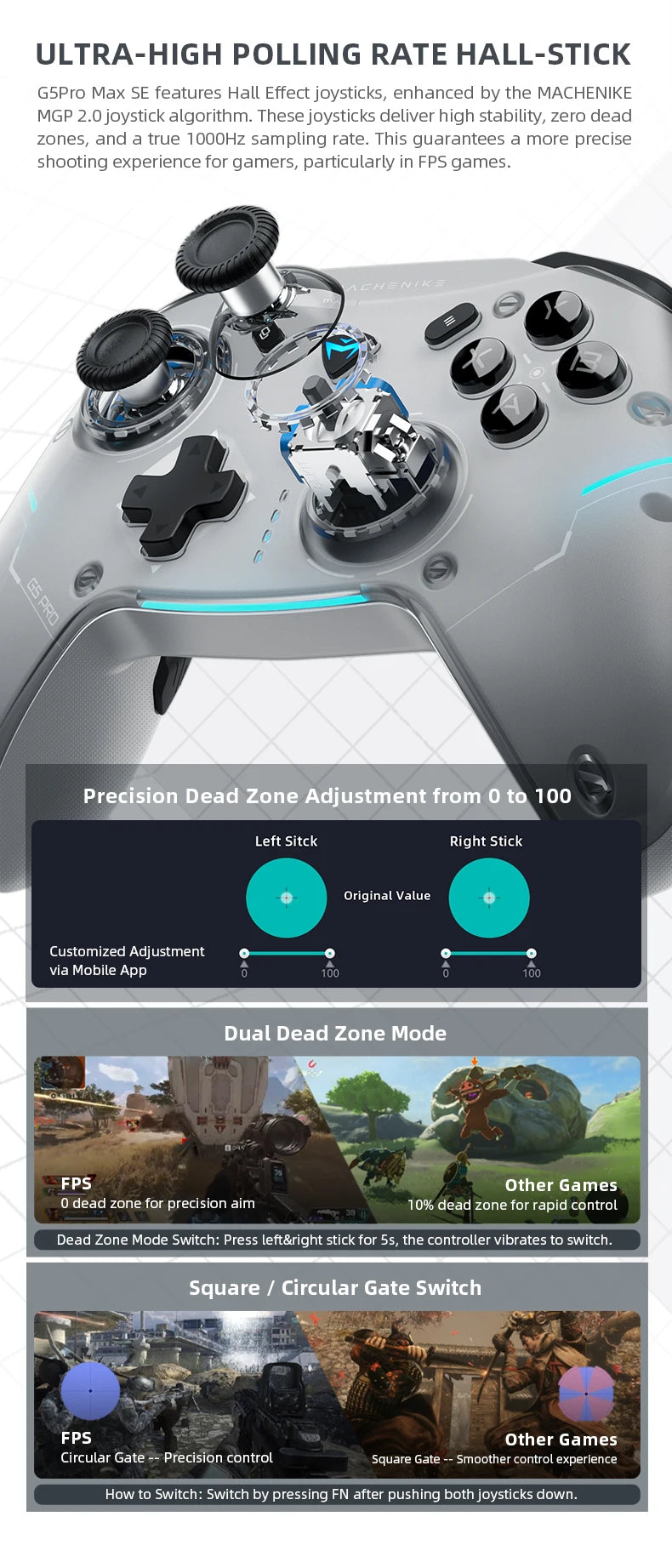 Controles de Juego Machenike G5Pro Max SE con Base de Carga, Joysticks con Efecto Hall Opcionales, Gatillos con Luz RGB, Control Inalámbrico para Juegos