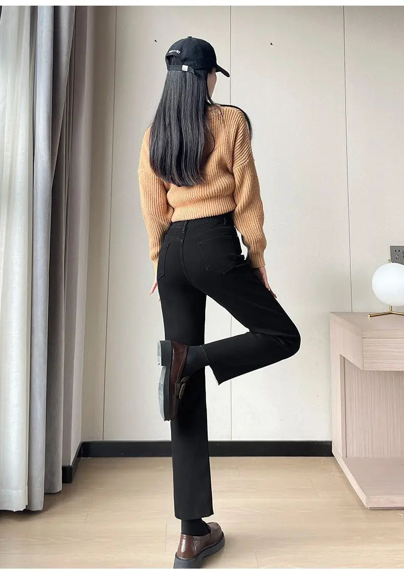 Pantalones Vaqueros Y2K con Forro Polar para Mujer, Cintura Alta, Pierna Recta