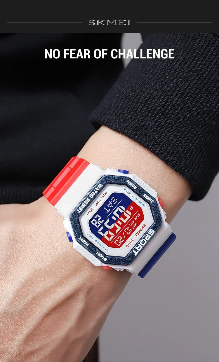 Reloj deportivo Digital SKMEI 1988 para Hombre, pantalla LED, relojes de pulsera militares con cuenta atrás, Reloj impermeable para Hombre 1628