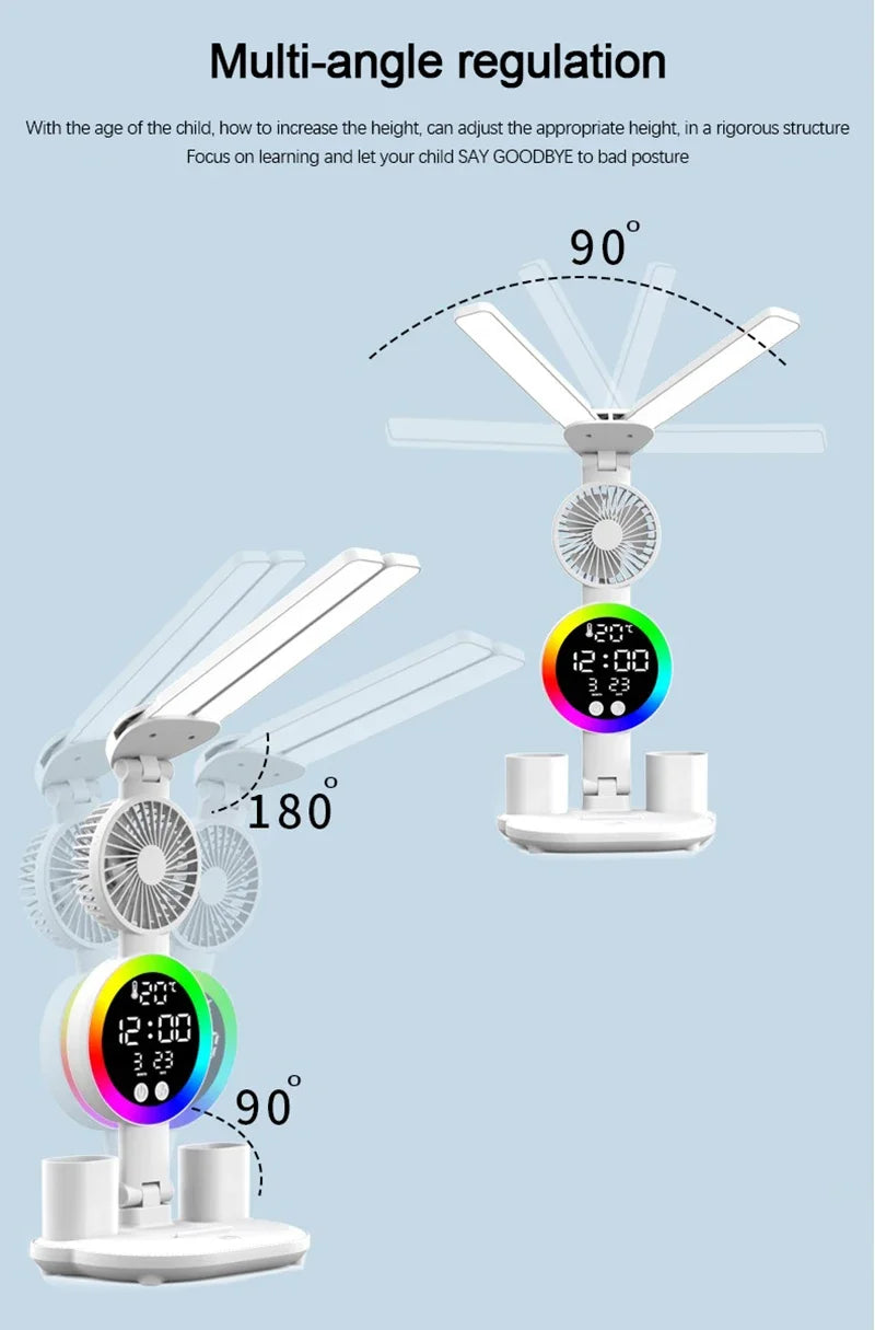 Lámpara de mesa Led para estudio, lámpara de escritorio, luz de lectura, luz nocturna Led con ventilador, reloj Led, pantalla, luz de escritorio de lectura