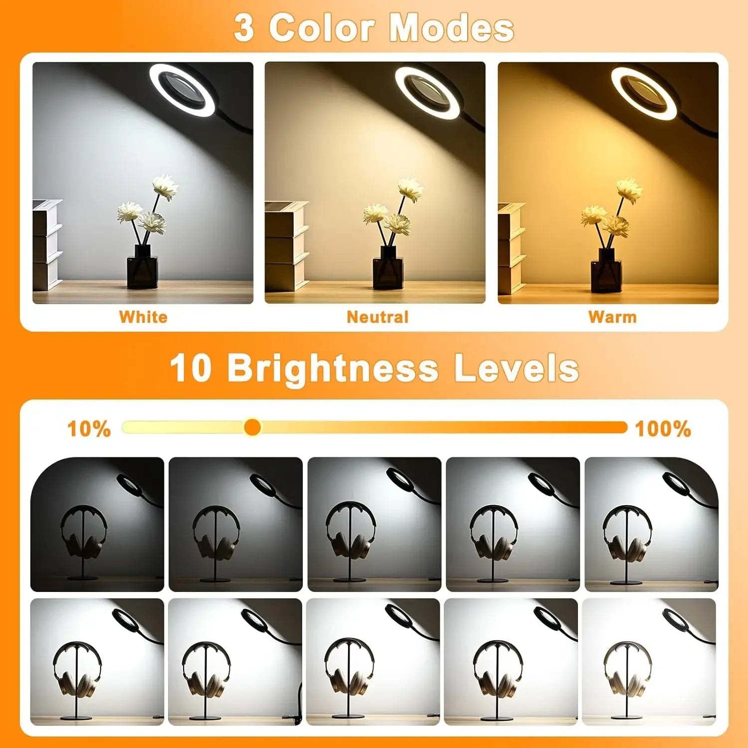 Lámpara de aumento 10X con clip 3 modos de color 10 atenuador de brillo 360 °   Lámparas flexibles de cuello de cisne para soldar lectura Nail Art