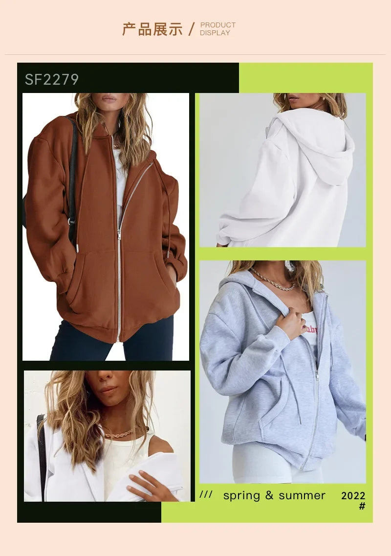 Sudadera gris con cremallera para mujer, chaqueta de otoño e invierno, ropa con capucha, sudaderas con bolsillos diarios, sudaderas con capucha lisas y versátiles de manga larga para mujer