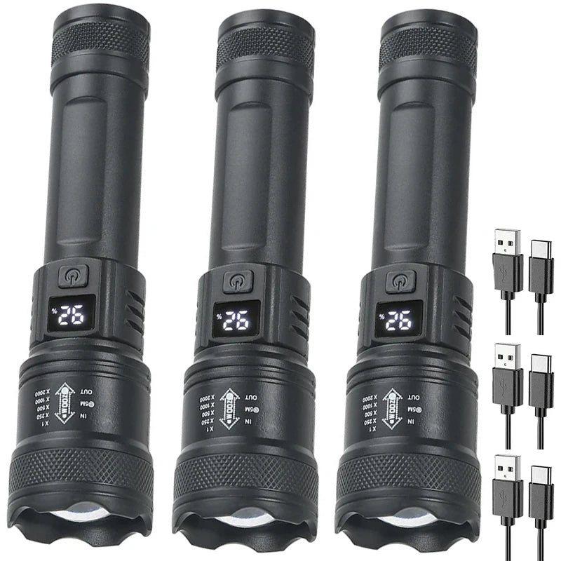 Linterna LED recargable, linterna con zoom de 10000LM, resistente al agua, 5 modos con pantalla LCD, carga para acampar, senderismo, emergencia