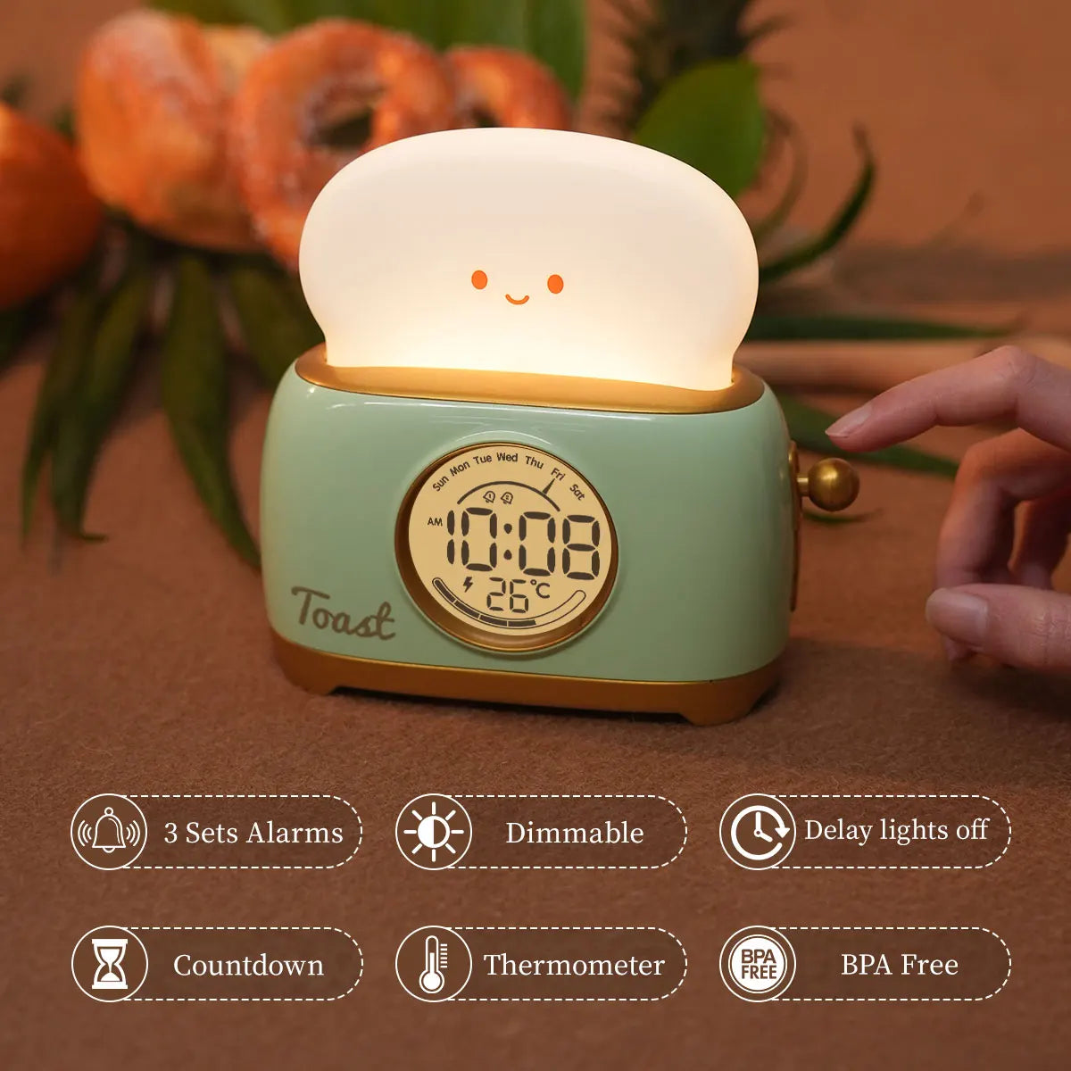 Reloj despertador con luz nocturna para tostadora, reloj despertador para niños, reloj luminoso para mesita de noche, lámpara de noche para dormitorio, decoración, regalo para niños
