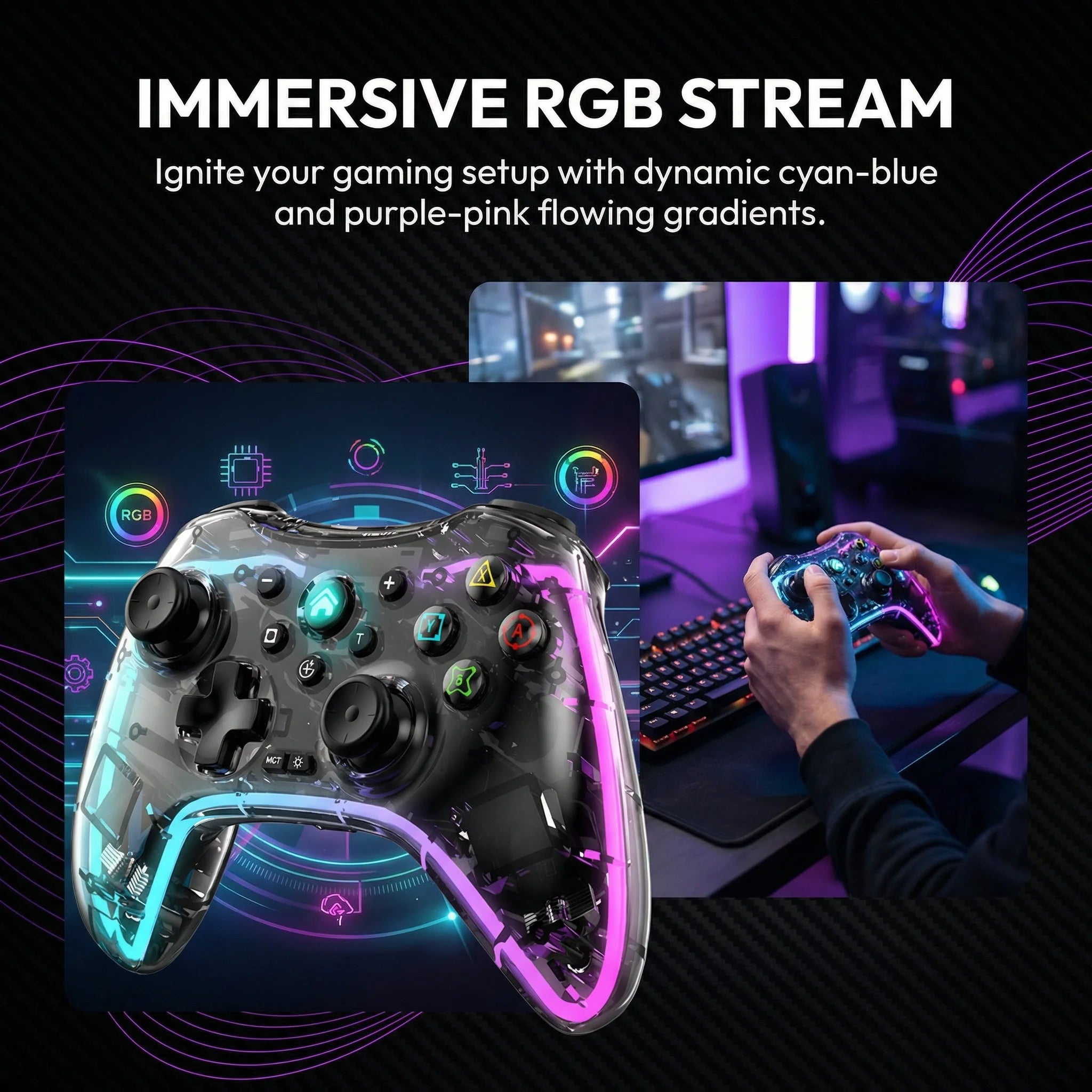 Controlador de juegos inalámbrico, controlador de juegos Bluetooth ergonómico con efecto de luz RGB para Switch, PS3, PS4, iPhone, teléfono Android, PC