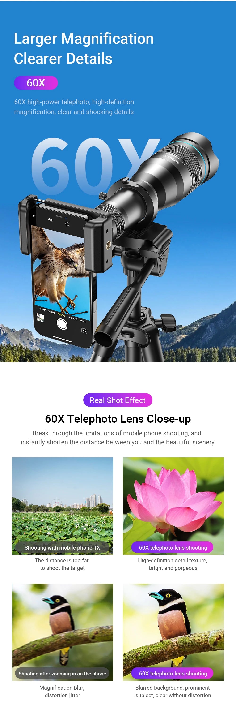 Lente Telescópica 60X APEXEL con Trípode para Smartphones