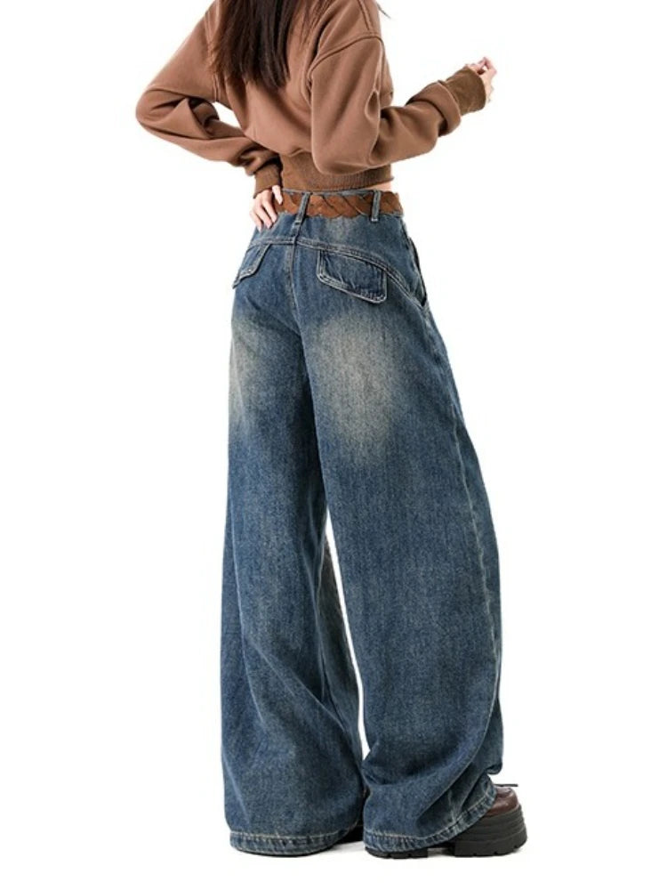Pantalones Vaqueros Holgados Retro para Mujer, Corte Recto con Forro de Felpa