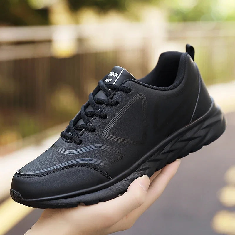 YRZL-Zapatillas deportivas impermeables de cuero para hombre, zapatos deportivos cómodos para caminar, resistentes al desgaste, color negro