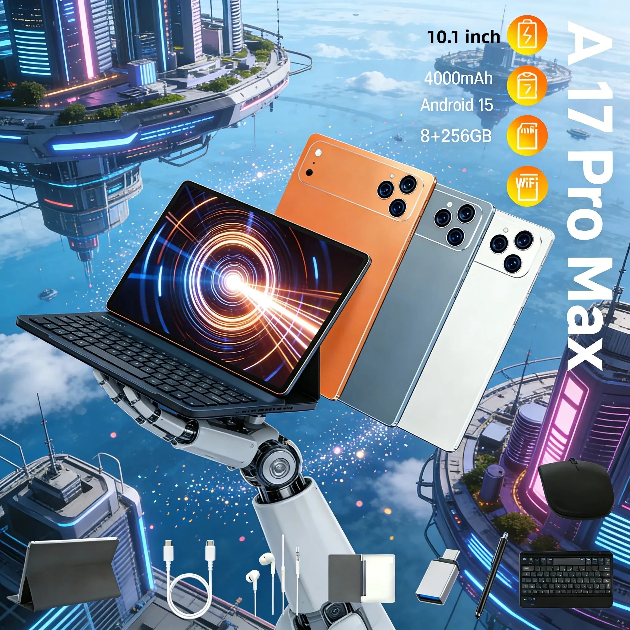 Tablet Android A17 Pro Max de 10.1 Pulgadas FHD, 8+256 GB, Batería de Gran Capacidad de 4000 mAh, Wi-Fi, Bluetooth, GPS, Tablet para Estudiantes